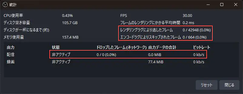 OBS32の統計画面で描画とエンコードの遅延欄、配信が非アクティブの行を赤枠で示した画面